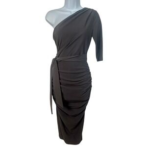 NWT Alieva Dress Bodycon Women's Small One Shoulder Dolly Ruched‎ Gray Midi